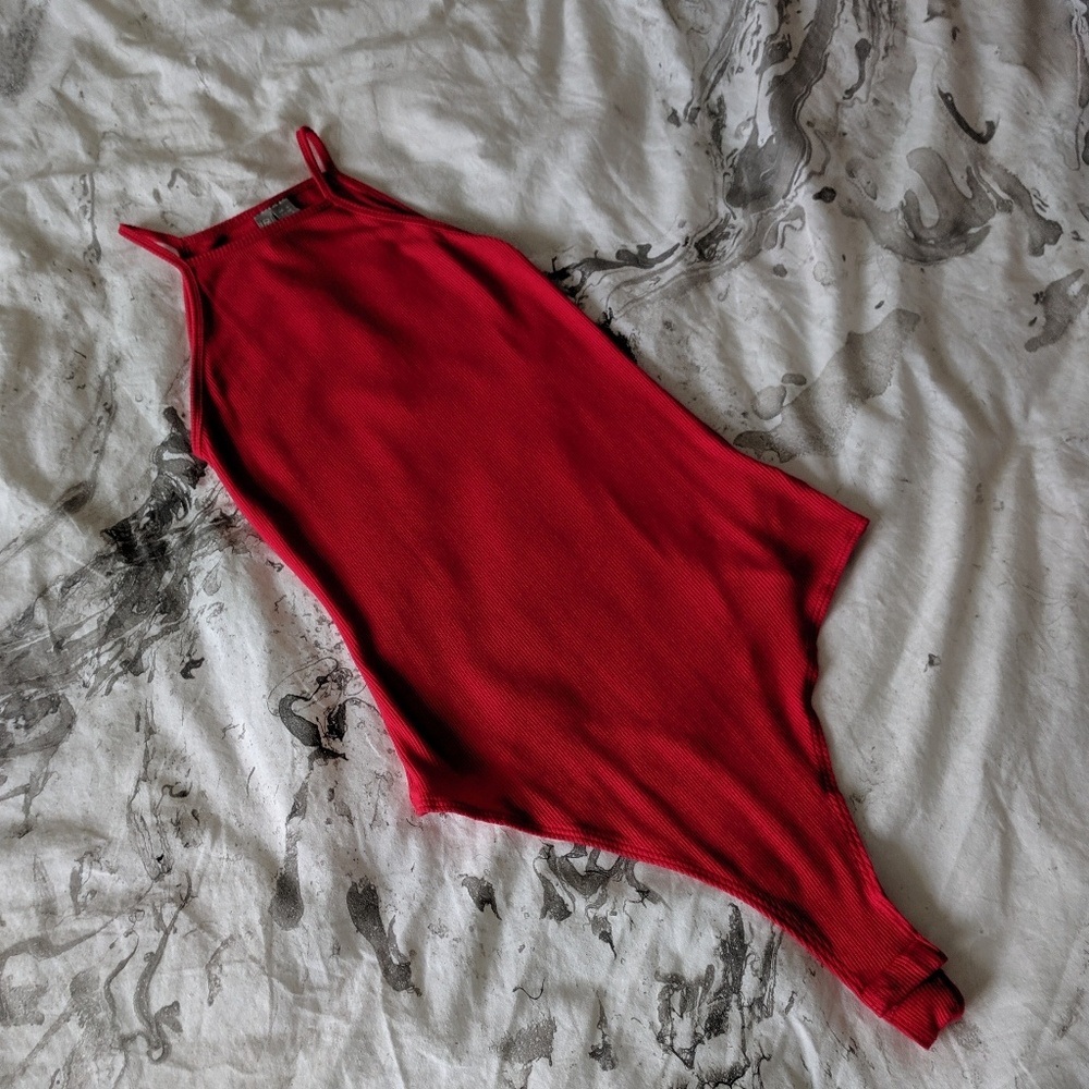 Red Ribbed Halter Bodysuit